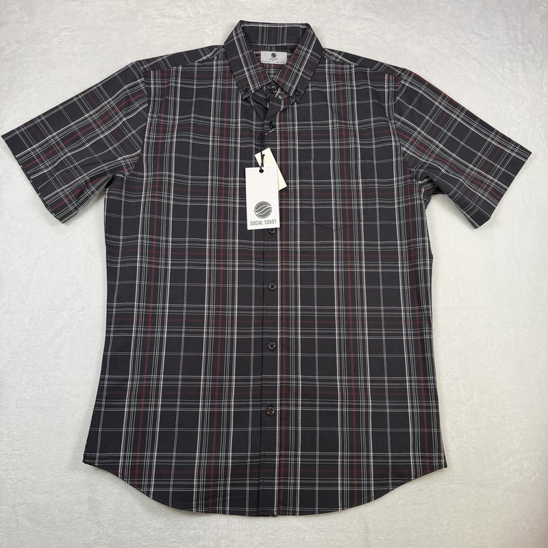 Social Coast Men's Short Sleeve Button-Down Shirt Size S Black Red White Plaid gallery