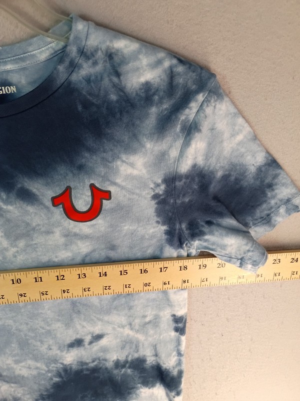 True Religion Buddha Logo Tie Dye Shirt XS Blue Short Sleeve Crewneck Pullover gallery
