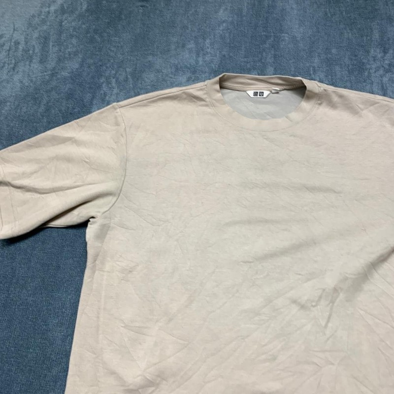 Uniqlo AIRism Oversized T-Shirt Mens Medium Beige Cotton Wide Fit Drop Shoulder gallery