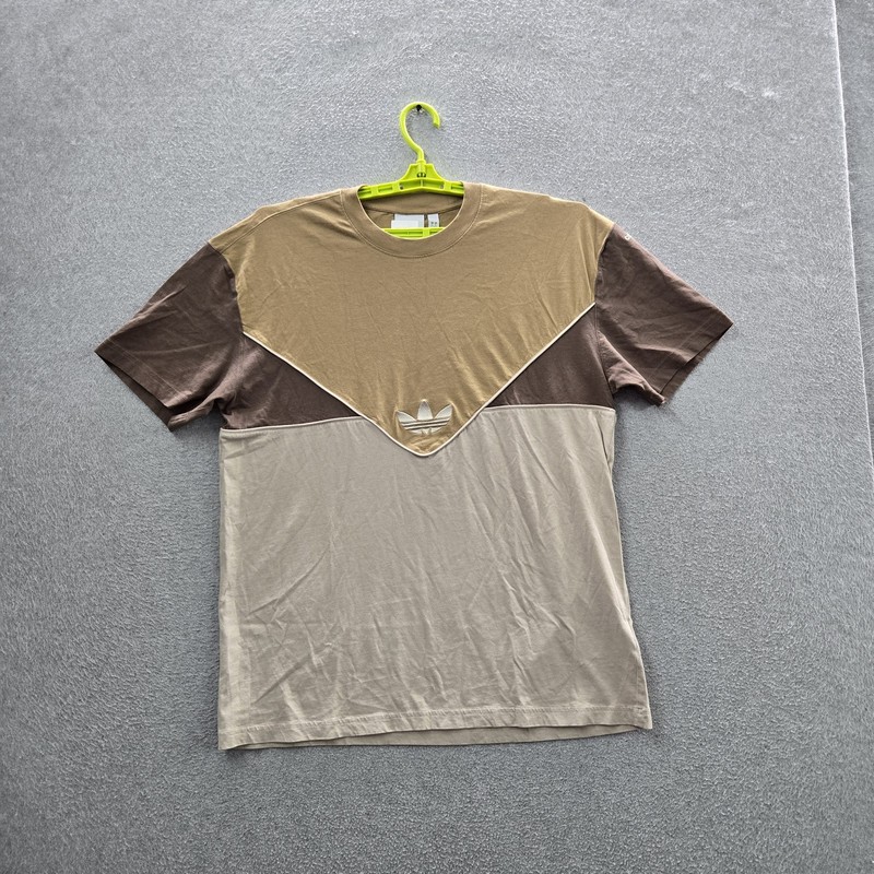 Adidas Men Shirt L Brown Colorblock Trefoil Logo Activewear Short Sleeve