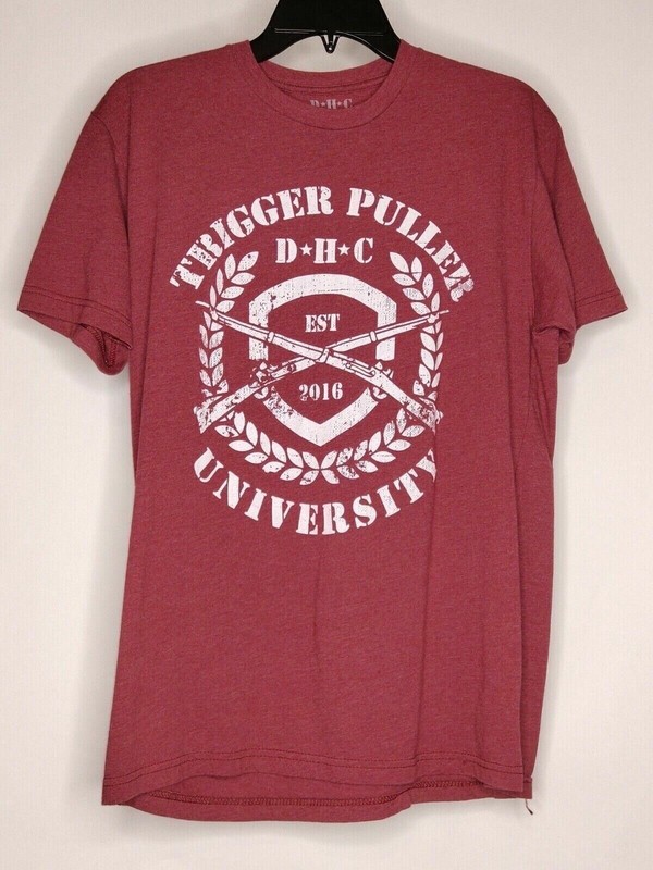 DHC Mens T-Shirt Short Sleeve Size Large Maroon Crew Neck Modern Trigger Puller