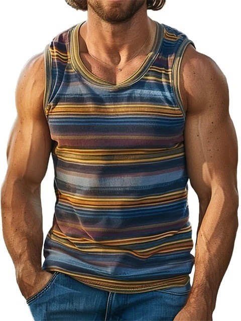 Men's Striped Gym Tank Top Summer Beach Muscle Sleeveless Shirt Casual Vest S-6X