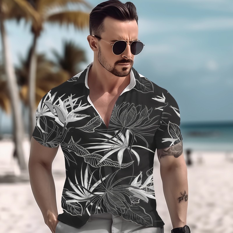 Button Down Shirts Men Black White Hawaiian Dress Short Sleeve Party Up Soft Tee gallery