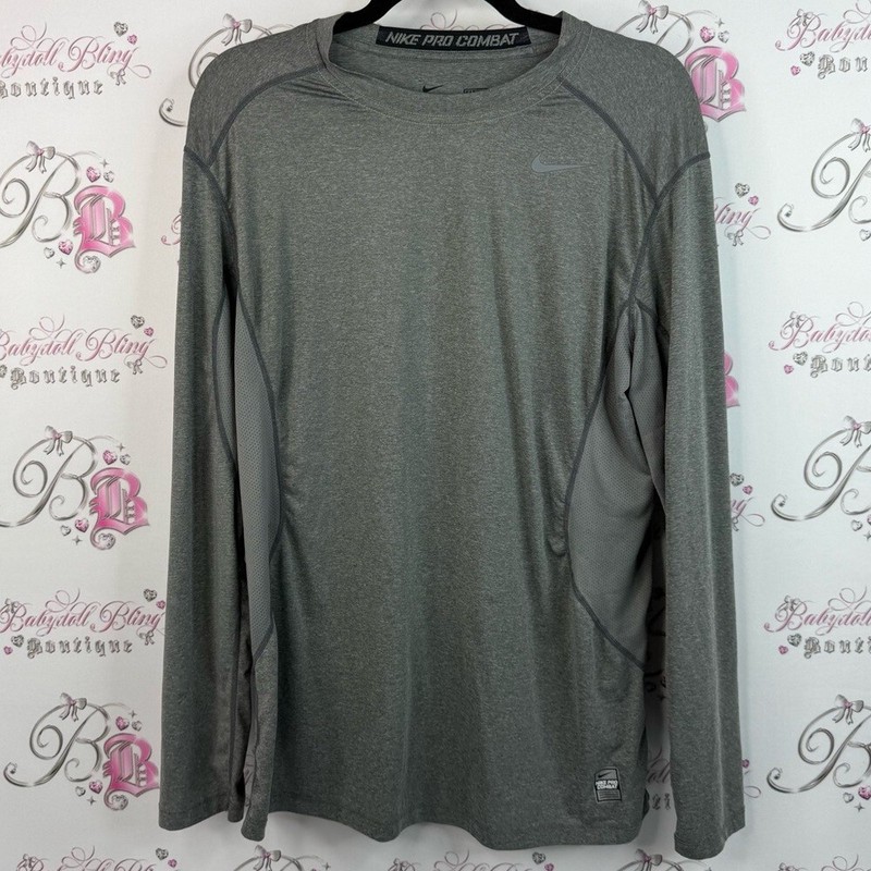 Nike long sleeve shirt dri fit grey silver Pro Combat Men’s Long Sleeve Gray Tee