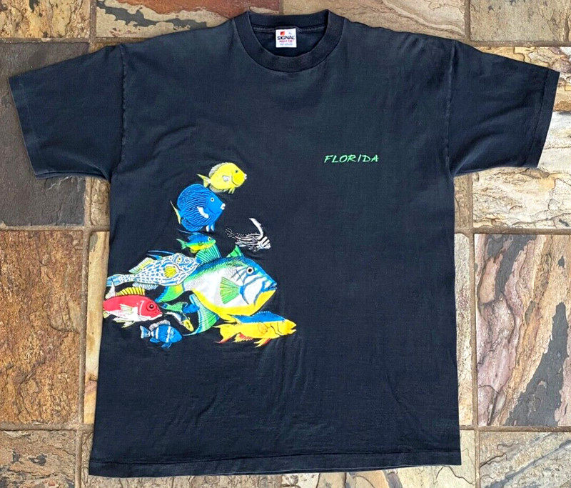 Vtg Florida Tourist T Shirt-Tropical Fish-XL-Black-Signal Mega Tee-Graphic Tee