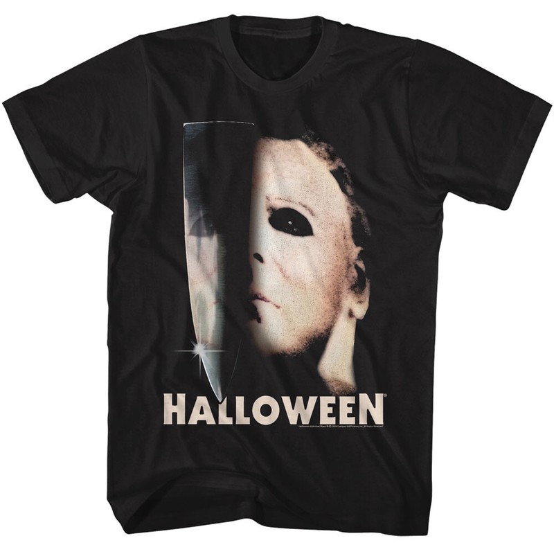 Halloween Horror Movie Michael Myers Half Mask And Knife Men’s T Shirt