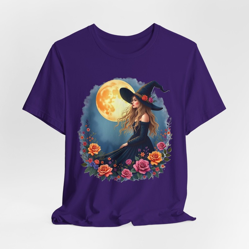 Witch Under Full Moon Roses T-Shirt Mystical Floral, Wiccan Aesthetic Halloween