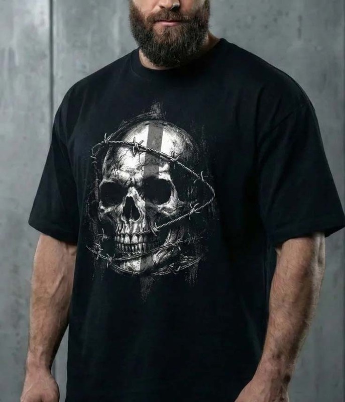 Realistic Skull Shirt Barbed Wire Art Black Heavy Metal Tee For Men