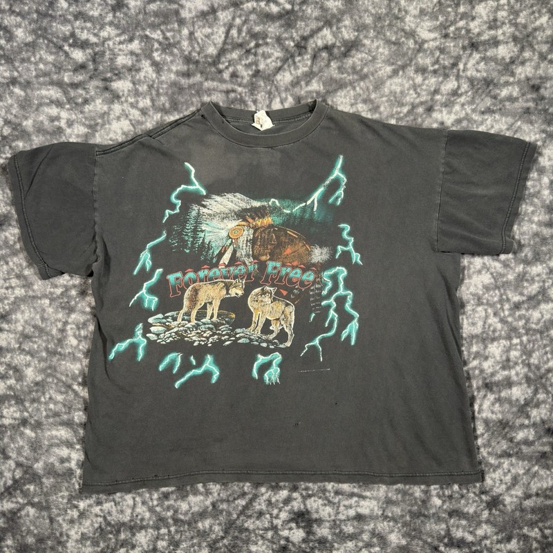Vintage American Thunder Forever Free TShirt Size XXL Native American Wolves 90s