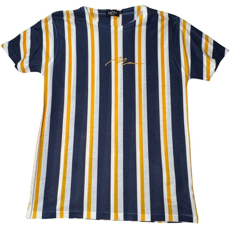 boohooMAN Mens Knit Shirt Bundle Pink Green Navy Yellow Stripe 2 Pack Medium gallery
