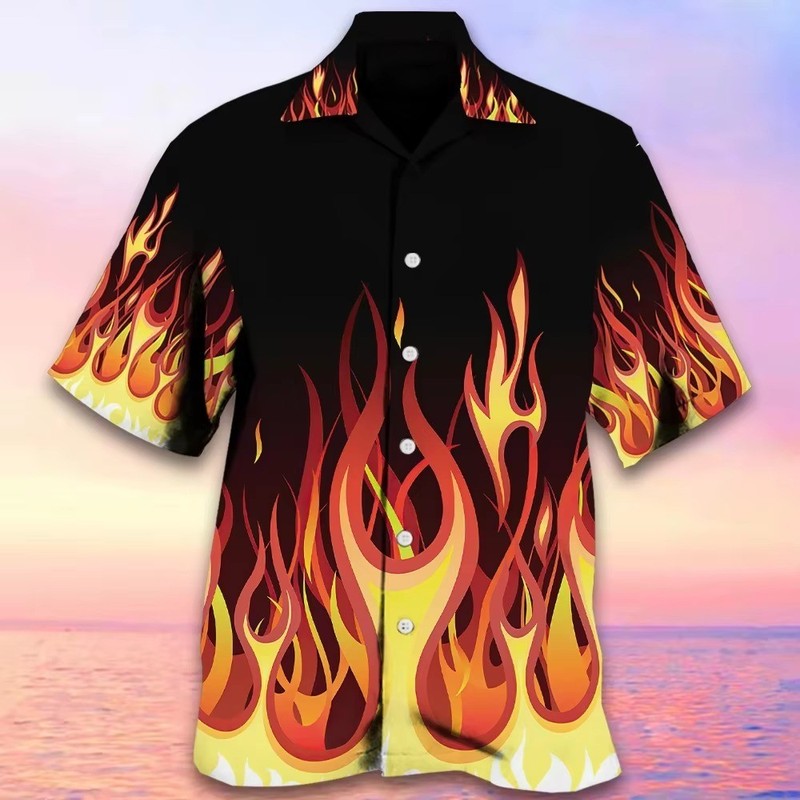 Mens Button Down Fire Flames Print Hawaiian Top Novelty Holiday Beach Gift Shirt