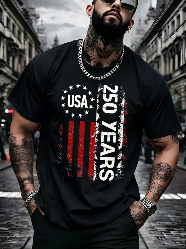 USA Flag 250th Anniversary Y2K Patriotic Digital Print Men's Casual Cotton Tee gallery