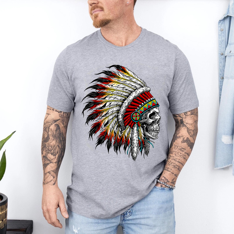 Native American Indian Chief Skull Motorcycle Headdress T-Shirt