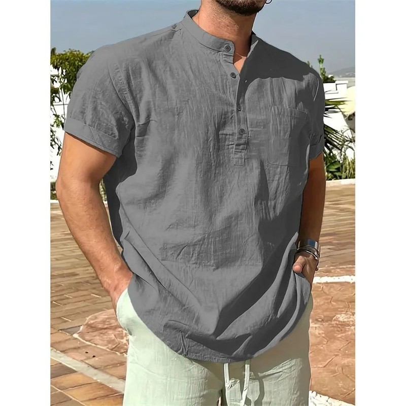 Men’s Cotton Linen Henley Shirt Short Sleeve Casual Summer Tee
