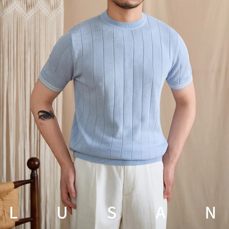 Men Round-neck Short-sleeved Knitted Summer T-shirt Slim-fit Breathable Lyocell
