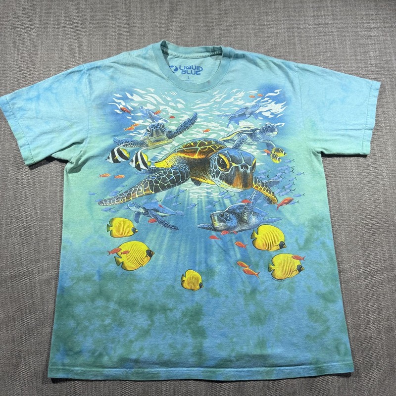 Liquid Blue Shirt Mens Large Blue Sea Turtle Ocean Fish Graphic Tie Dye Tee