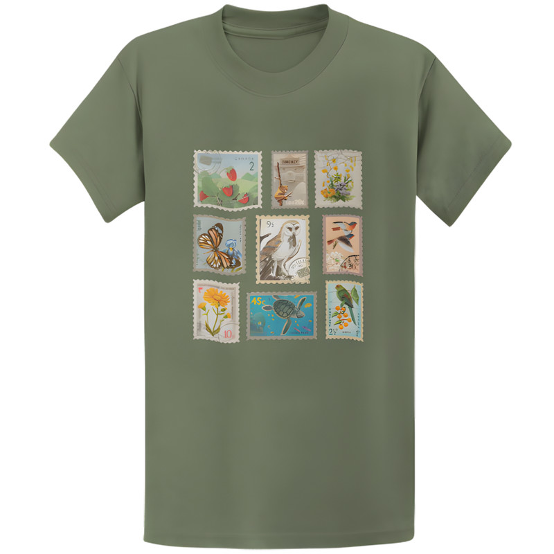 Gildan 5000 Vintage Wildlife Botanical Stamp Collage T-Shirt – Retro Gift Tee