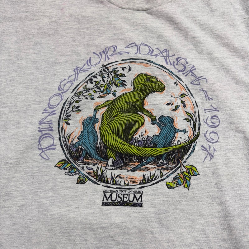 Vintage Michigan State Dinosaur Dash Shirt Men's XL Gray 90s Spartans 1997 MSU gallery
