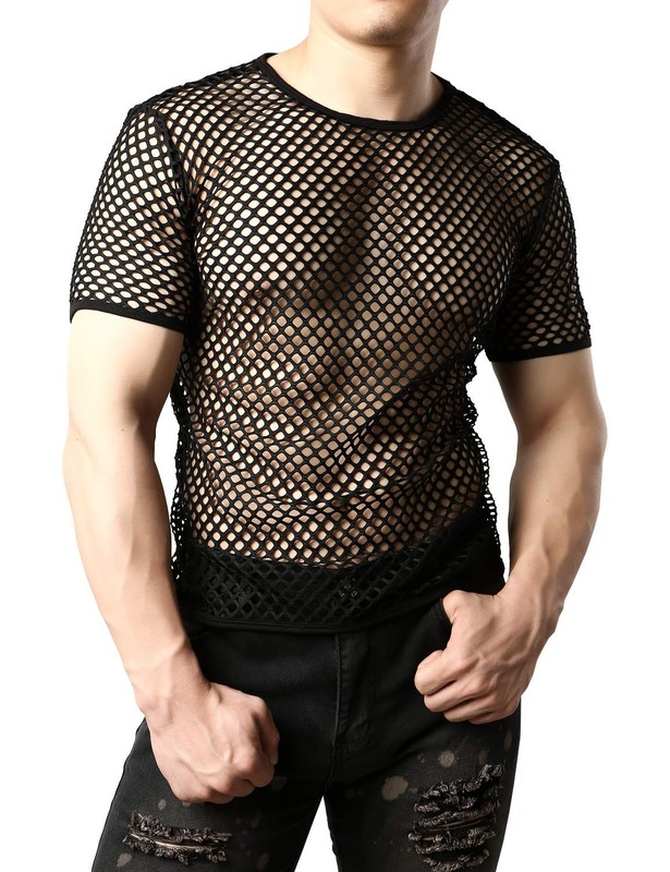Men’s Mesh Fishnet Fitted Short Sleeve Muscle Top Medium WG02 Black