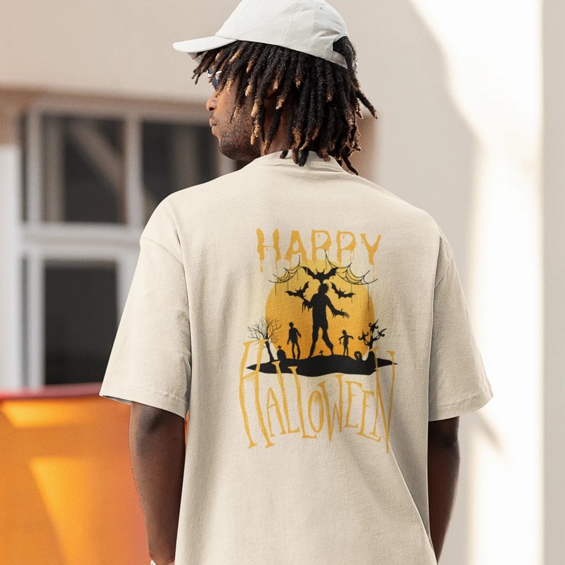 Halloween special back printed oversized round neck t shirt for Men gallery
