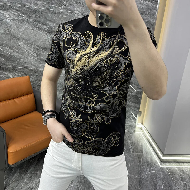 New Men Luxury Dragon Trend Rhinestones Diamonds Fashion Summer Black T-Shirt gallery