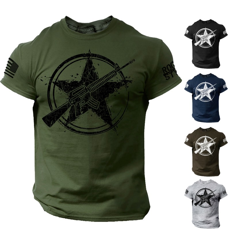 America Gun Star Men’s T Shirt Rifle Flag USA Warrior Military Style Tee