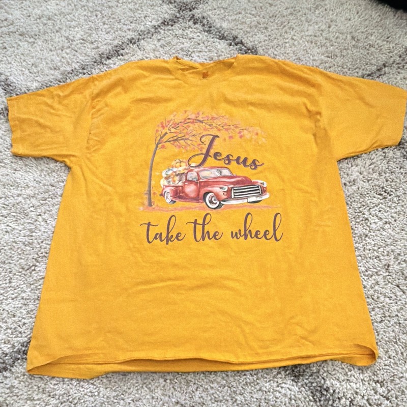 Hanes Tagless 3XL Yellow Crewneck Short Sleeve “Jesus Take the Wheel” Tee