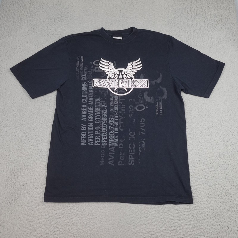 Vintage Avirex Shirt Mens XL Black Graphic Wings Logo Aviation Puff Print Y2K