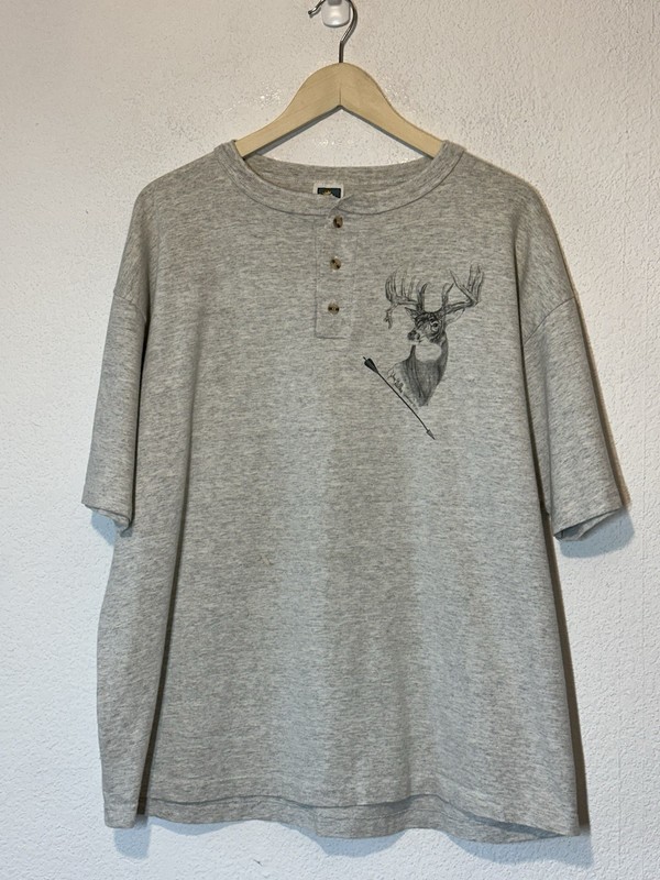 Vtg 90s Deer Nature Outdoors Henley Short Sleeve T Shirt Gray XL Double Sided US