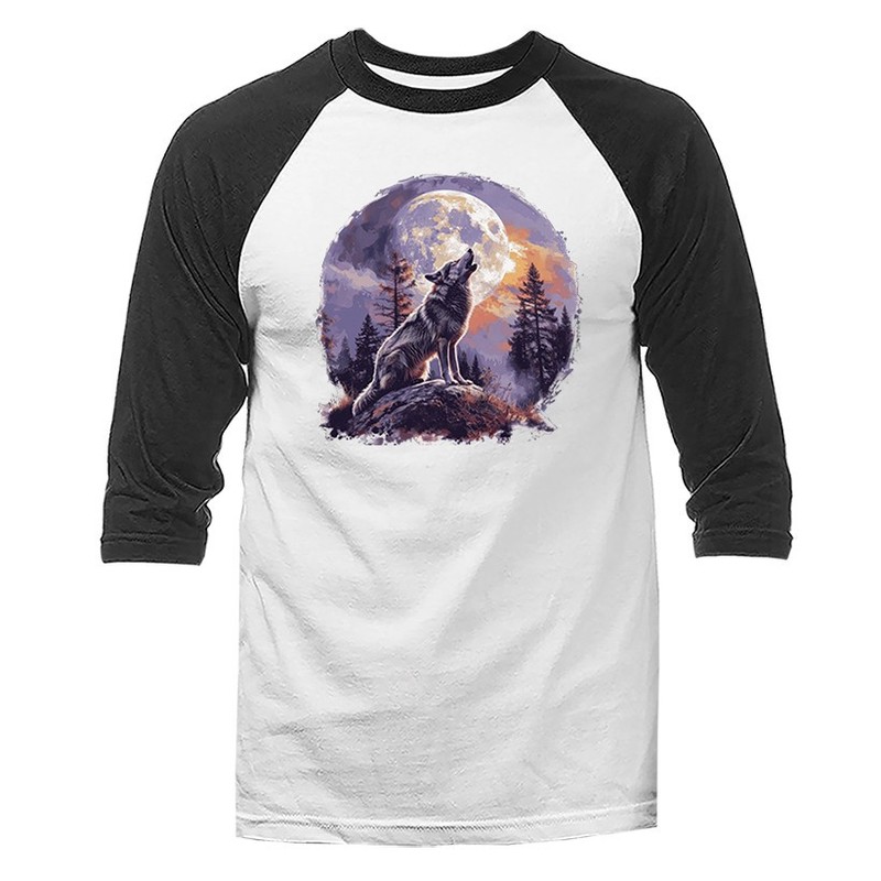 Howling Wolf Moonlight Wilderness Outdoor Wildlife Nature 3/4 Sleeve Raglan