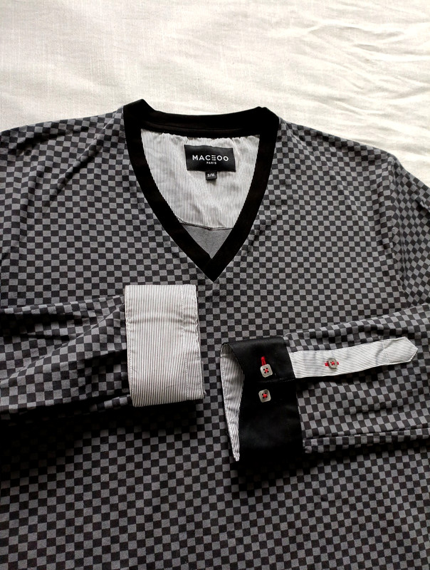 Maceoo Shirt Mens 3 Medium V-Neck Jacquard Square Grey Flip Cuff Roll-up Sleeve