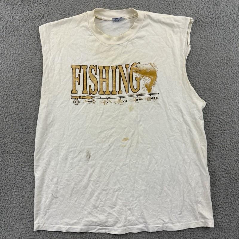 Vintage Fishing Shirt Mens XL White 90s Tank Top Nature Outdoor Graphic USA