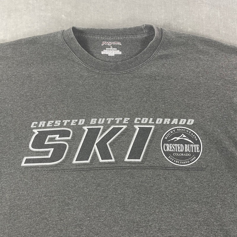 Crested Butte Colorado Jansport Men L Charcoal Grey T-Shirt Ski Graphic gallery