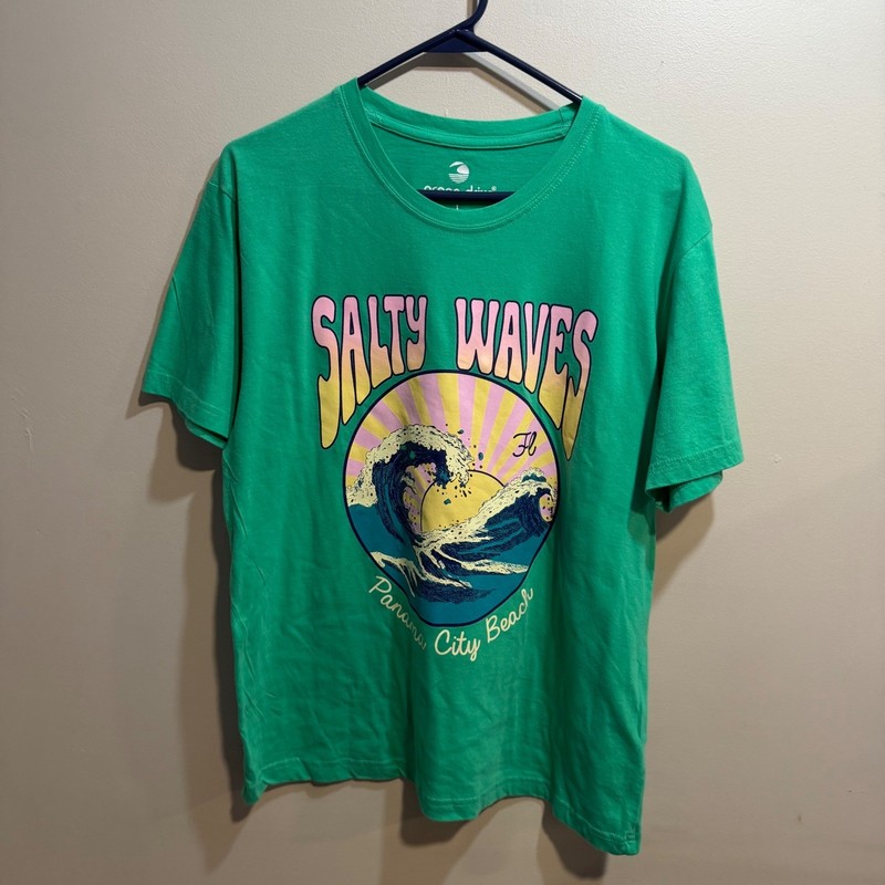 Ocean Drive Salty Waves Panama City Beach Green Graphic Tee Shirt Large LA11284
