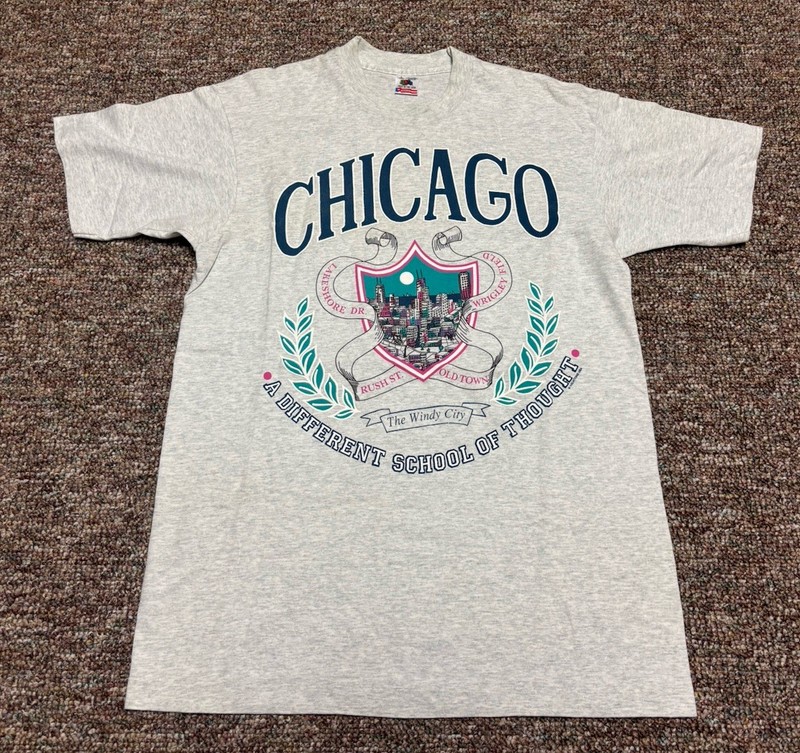 Vintage Chicago Single Stitch Fruit Of The Look T Shirt Mens L Made in USA Gray