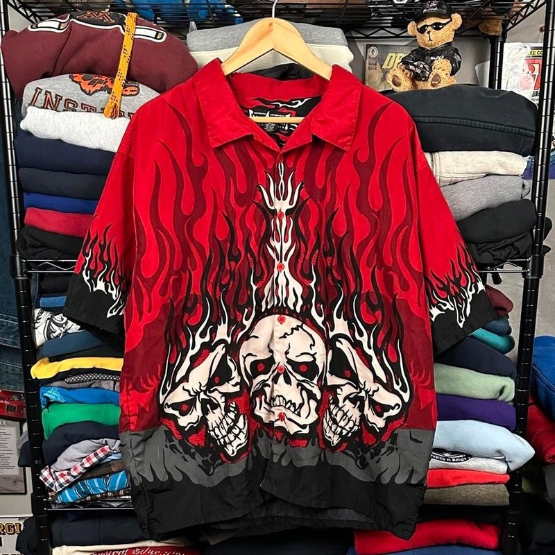 Y2K Steve & Barry’s Grunge Skull Flame AOP JNCO Style Button Club Shirt 2XL