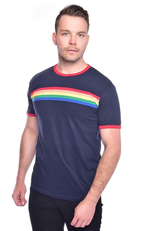 Run and Fly Navy Rainbow Stripe Ringer T Shirt Top Colourful Retro 70s Gay Pride gallery