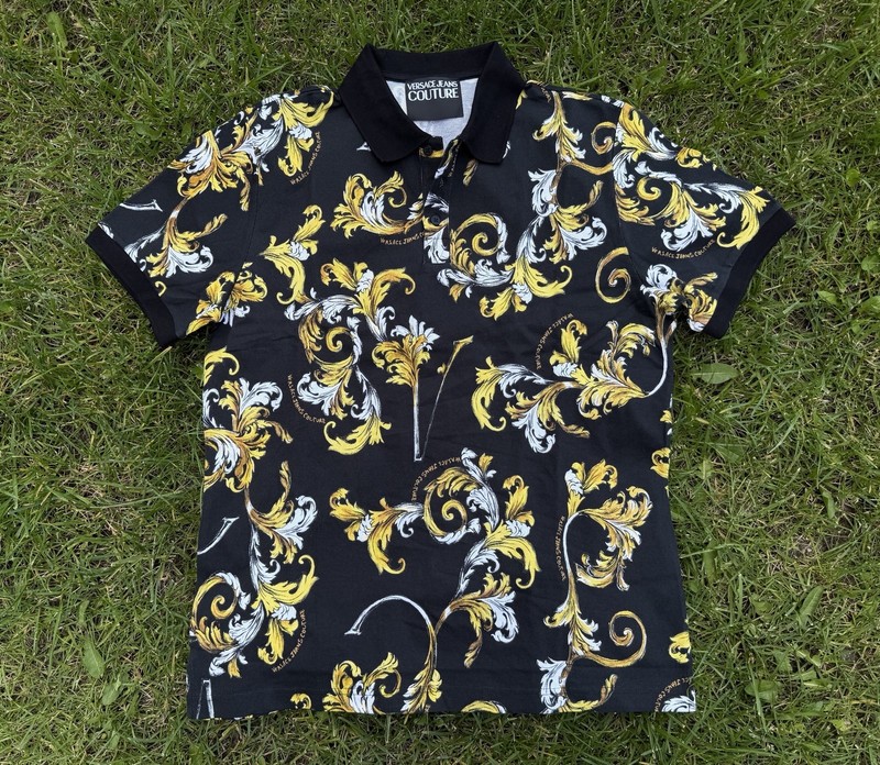 Versace Jeans Couture MEDIUM Size Outline Barocco Polo Shirt Black Cotton Flower