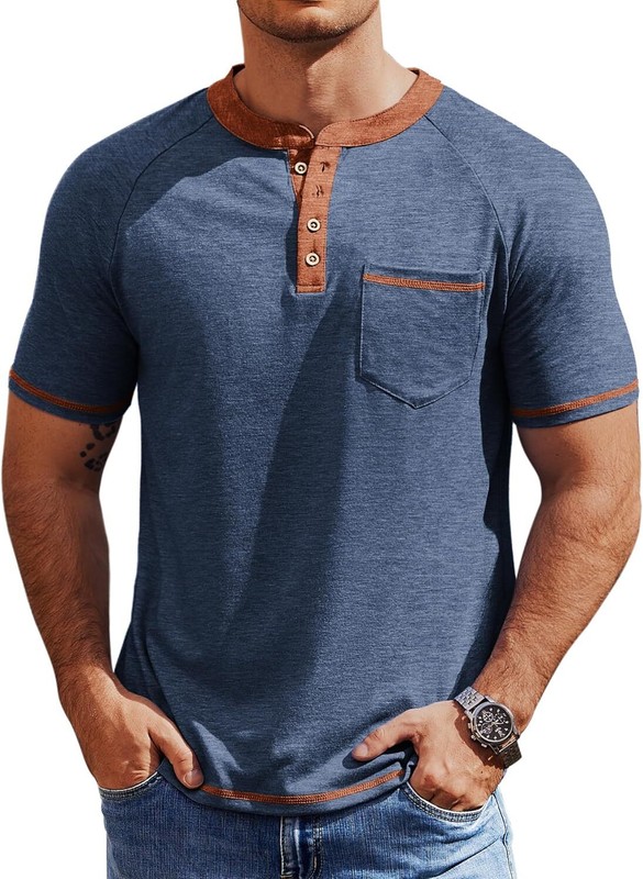 Men Short Sleeve Henley Button Tees Casual Vintage Summer T Shirts with Pocket gallery