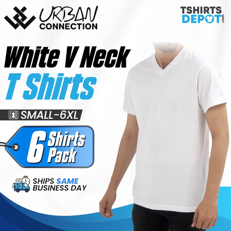 6 PACK Adult White Men’s V-Neck T Shirt | Urban Connection | SMALL – 6XL