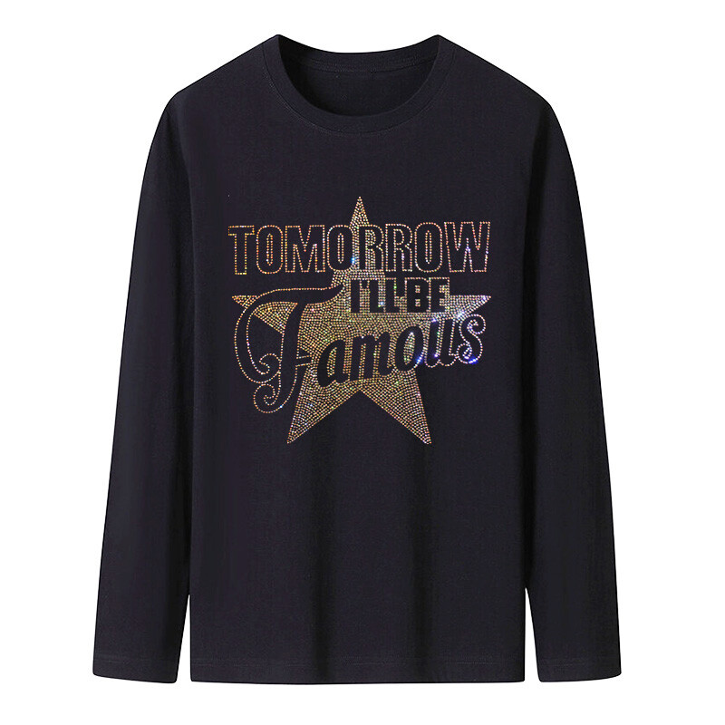 New Men Luxury Diamond Star Rhinestones Fashion Black T-Shirt High Quality