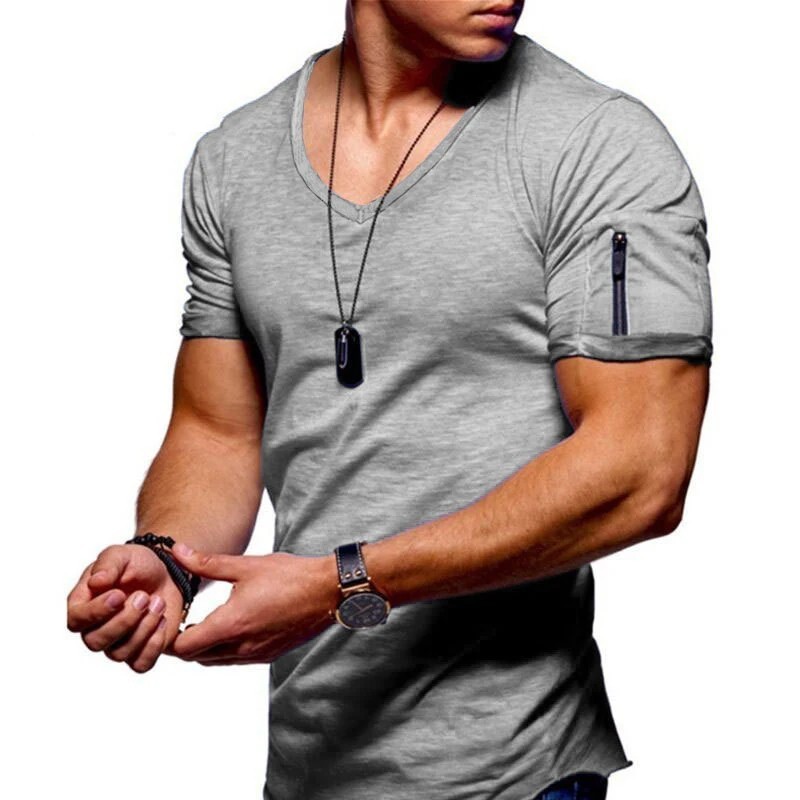 2026 Quality Cotton Men T-shirt V-neck Fashion Design Slim Fit Solid