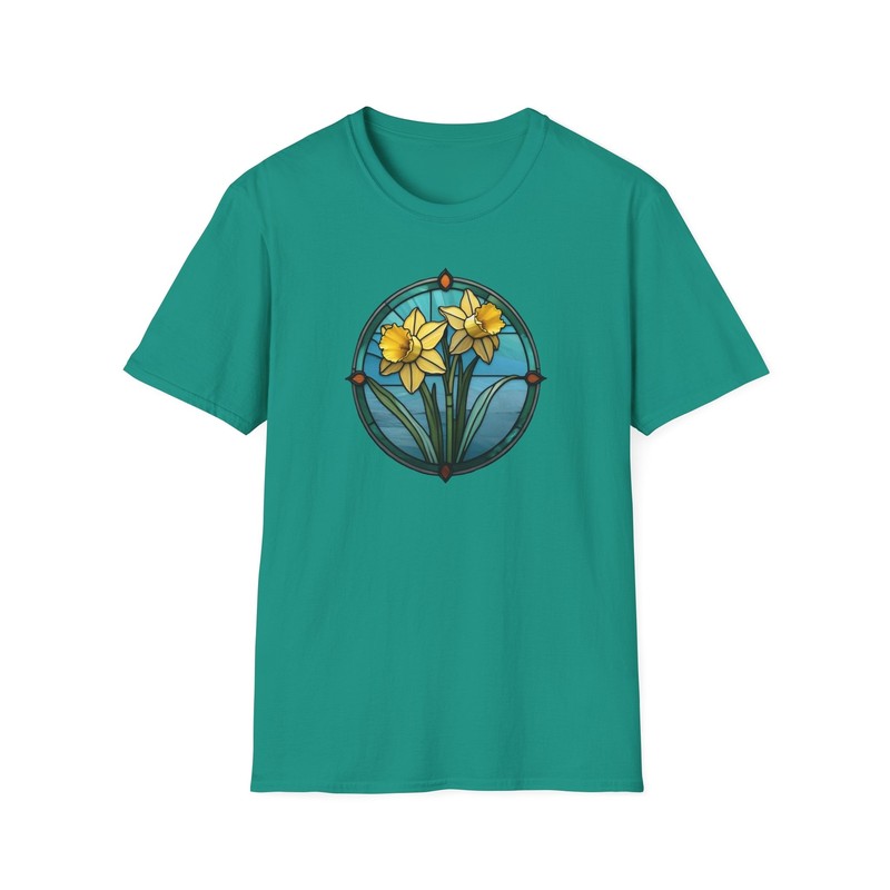 Wearable Art, Stained Glass Daffodil Design T-Shirt, Flower Lovers Tee