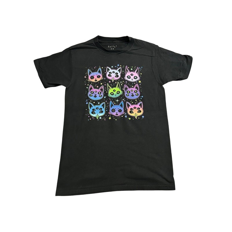 Friday Jr Alien Cat Graphic T-Shirt Mens Small Black Excellent Rainbow Pastel