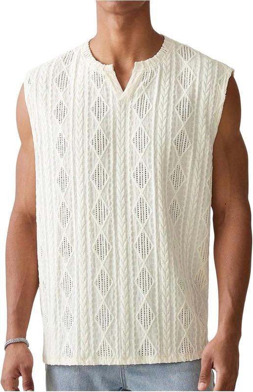 Men’s Hollow Out Notch V Neck Tank Top Textured Sleeveless Summer Shirt Breathab
