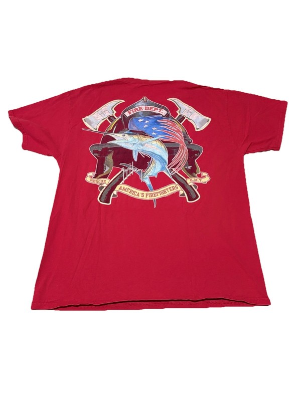 Guy Harvey BlueWater Firefighter Fire Department Swordfish Pocket T Shirt Size M