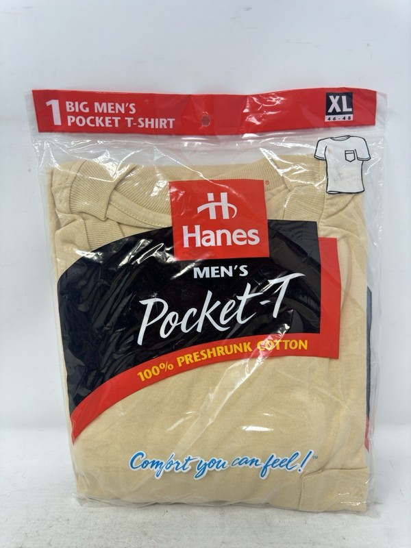 NWT Vintage 90’s Beige Hanes Pocket T Shirt Size XL Made In USA