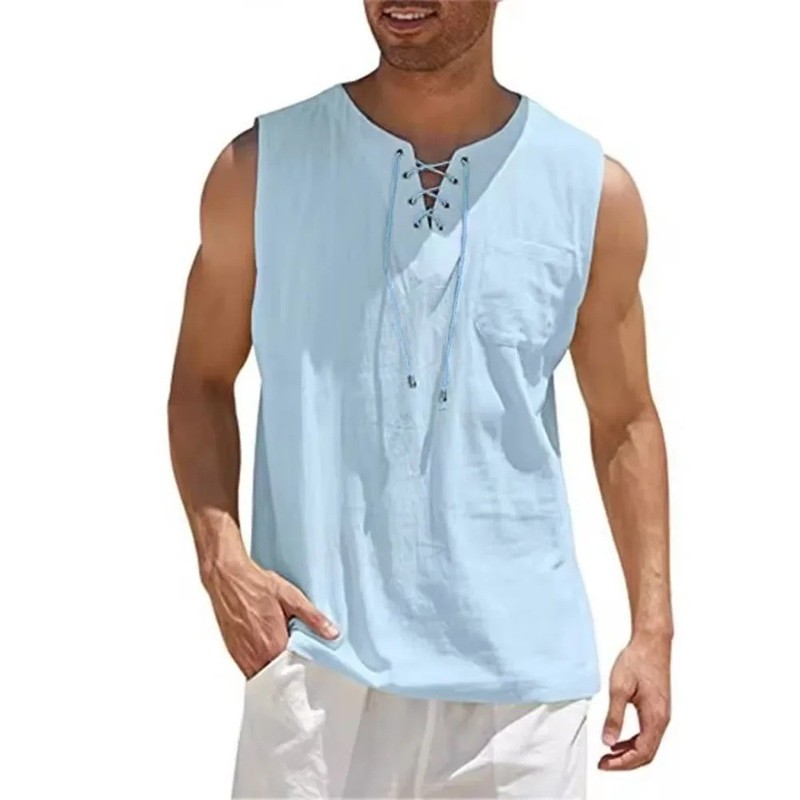 Men's Cotton Linen Sleeveless Lace Up Shirt Casual Retro V Neck Loose Tank Top V gallery
