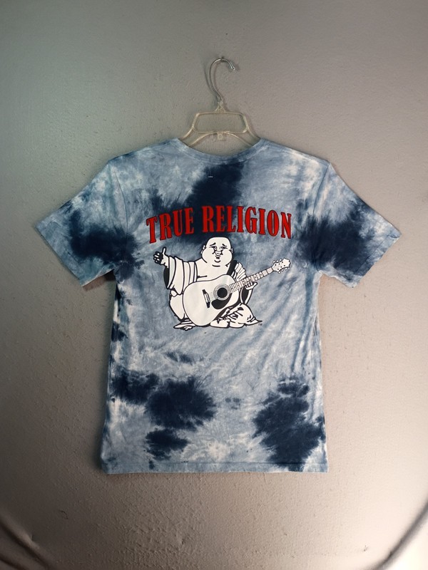 True Religion Buddha Logo Tie Dye Shirt XS Blue Short Sleeve Crewneck Pullover