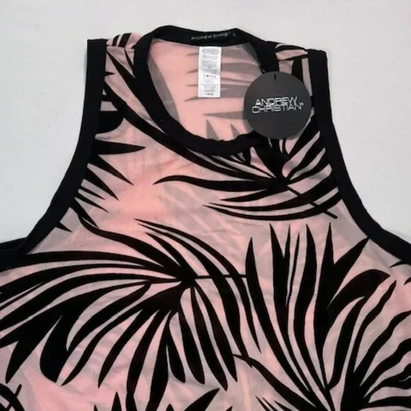 Andrew Christian Size L Palm Design Sheer Mesh Tank Top – Pink Sand/Black